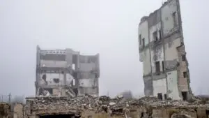 Foto van gebombardeerd gebouw