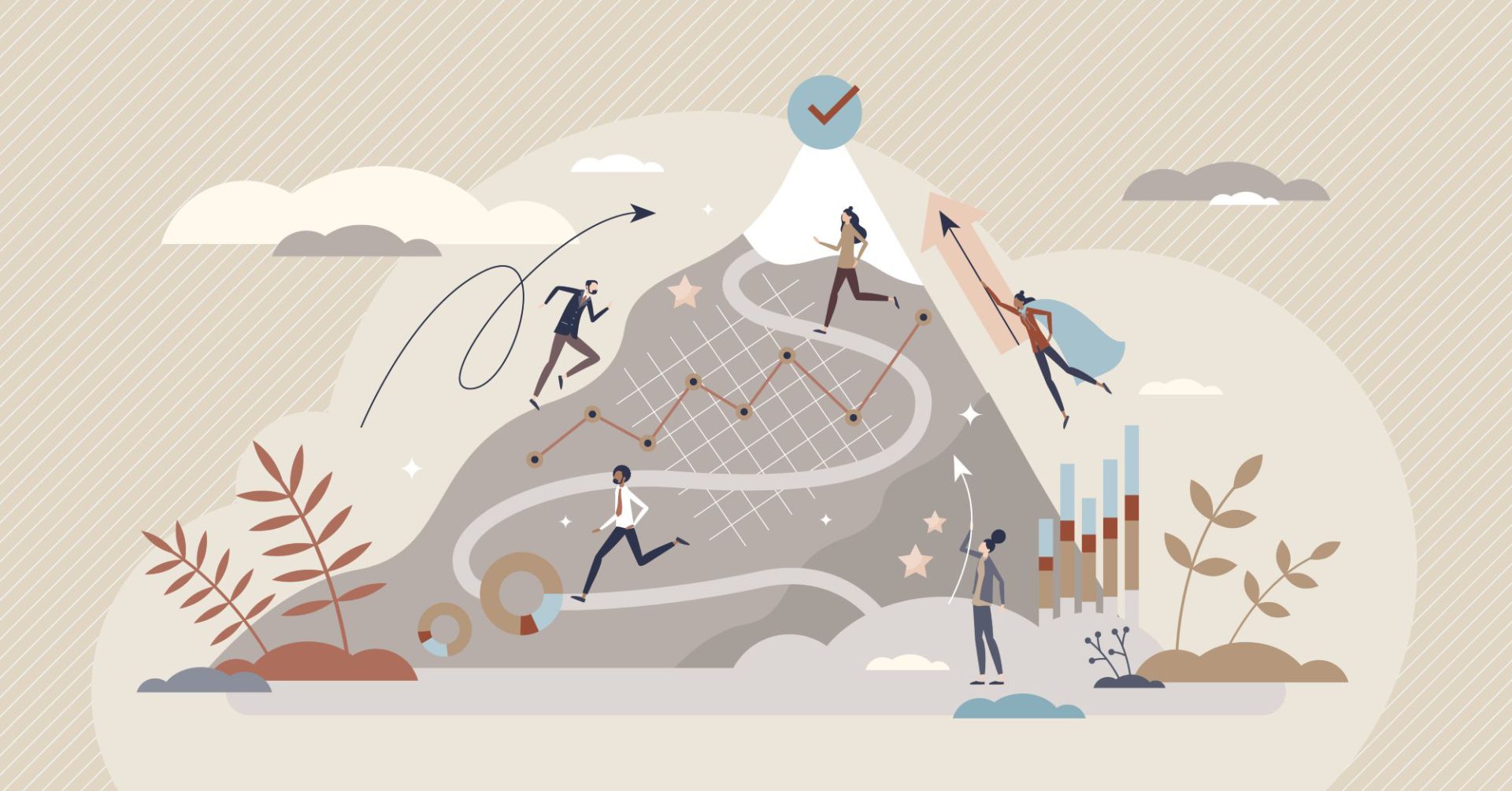 Ilustração de pessoas a escalar uma montanha