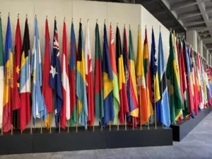 A line of flags representing the countries of the world, at the World Bank and IMF Annual Meetings