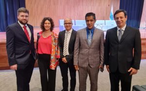 From left to right: Matthew Riley (CNS Director of Strategy and Alliances), Solana Olivo Brito (World Bank Project Coordinator), Luis Richmond (FreeBalance Project Manager), Nogui Acosta Jaén (Minister of Finance), and Marcos Peanos (FreeBalance Vice President of Sales) at the project kick off event in January 2024.